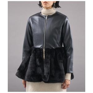 ジャケット ノーカラージャケット エコファーペプラムレザーライクジャケット レディース