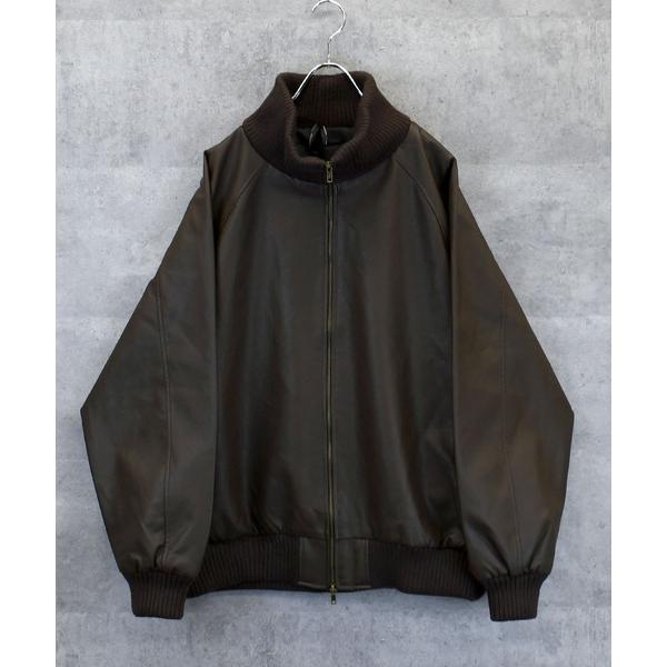 ブルゾン アウター Vintage-like synthetic leather rib turtl...