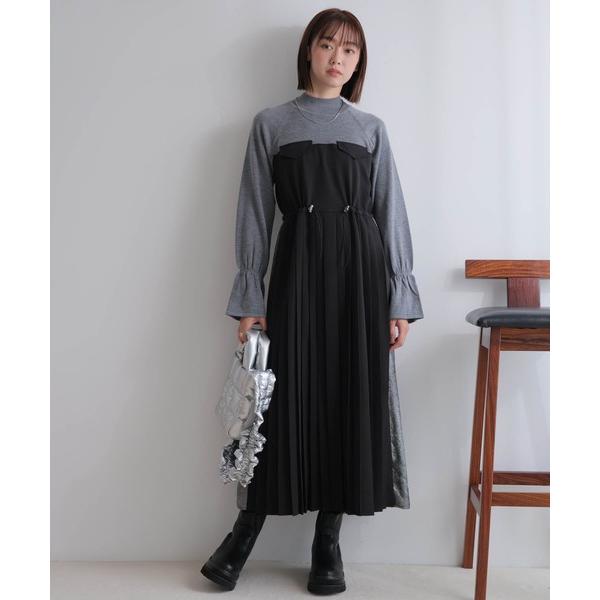 ワンピース ニットドッキングプリーツワンピース