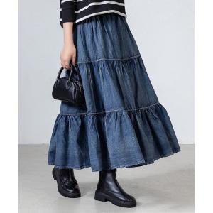 スカート レディース デニム風ドラマティックロングティアードフリルスカート
