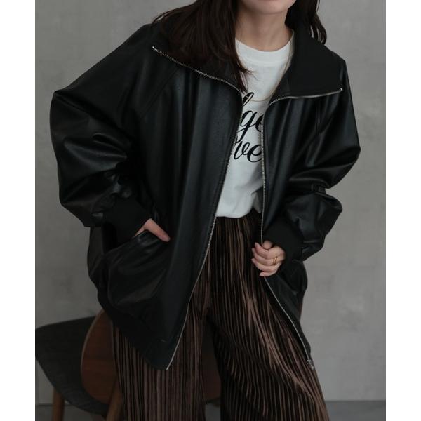 ブルゾン アウター フェイクレザー襟リブ・リブタートルブルゾン / 中綿キルティング裏地 レディース...