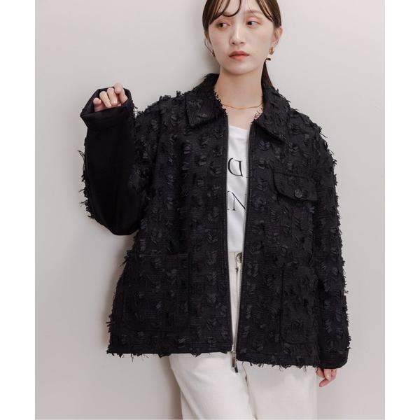 コート アウター リボンジャガード ツィードボンディング ジップジャケット レディース