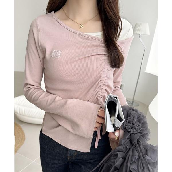 tシャツ 「mily bilet」アシメネックレイヤード風シャーリング使い袖フレア胸刺繍カットソー（...