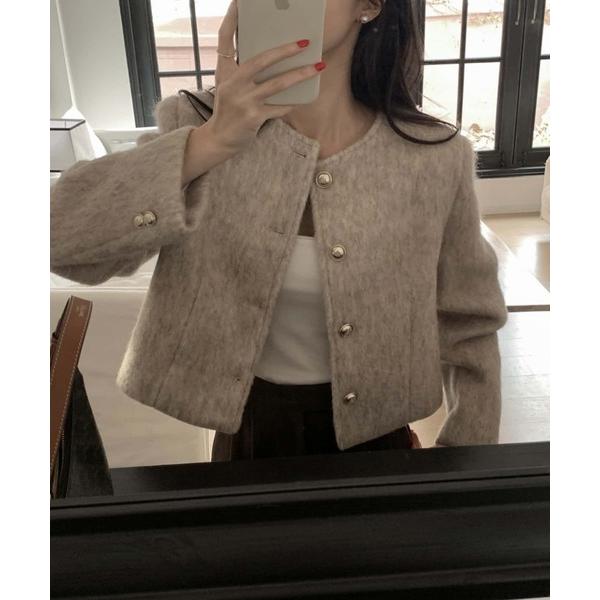 ジャケット ノーカラージャケット フェイクファー金釦ノーカラージャケット レディース