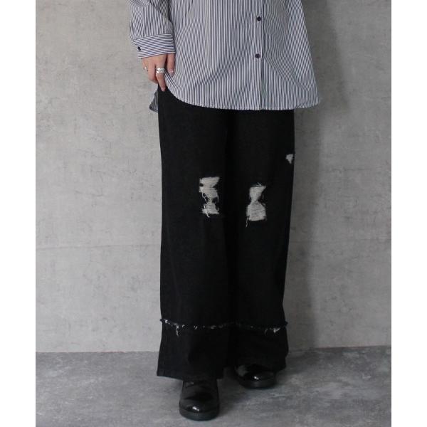 ジーンズ デニム デニムパンツ クラッシュダメージ加工リメイク風デニムワイドパンツ レディース