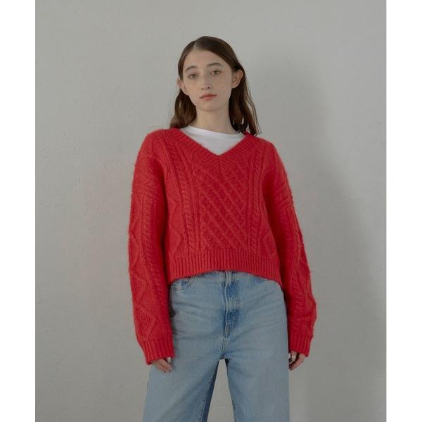 ニット セーター 「MINERTE」cropped vneck cable knit pullove...