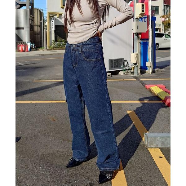 ワイドパンツ ジーンズ デニム デニムパンツ クロスウエストデザインジーンズ レディース