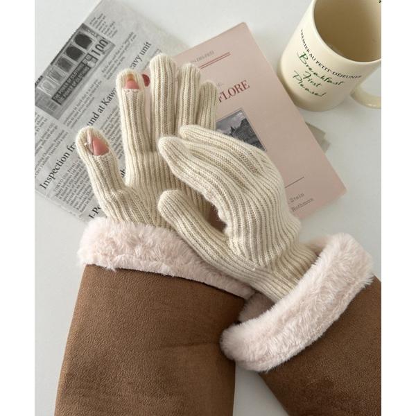 手袋 「スマホ対応」リブニットホールタッチグローブ手袋 レディース