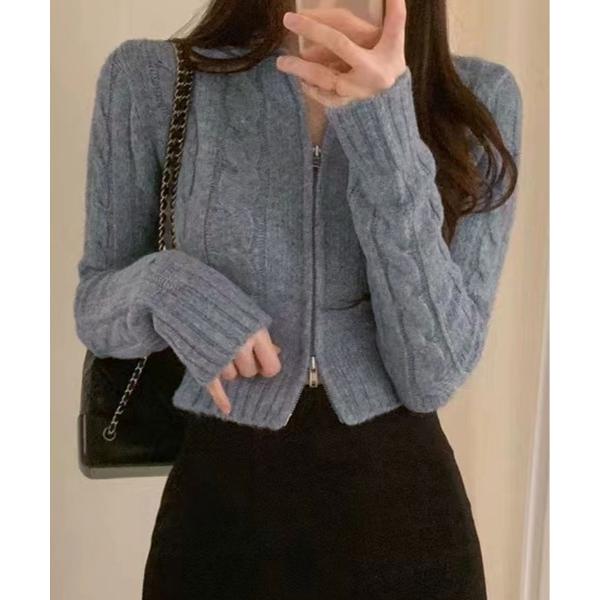 カーディガン 襟付き コンパクト ケーブル ニット カーディガン レディース