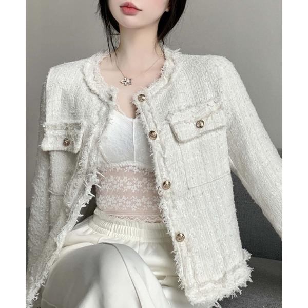 ジャケット ノーカラージャケット 金ボタンツイードノーカラージャケット レディース