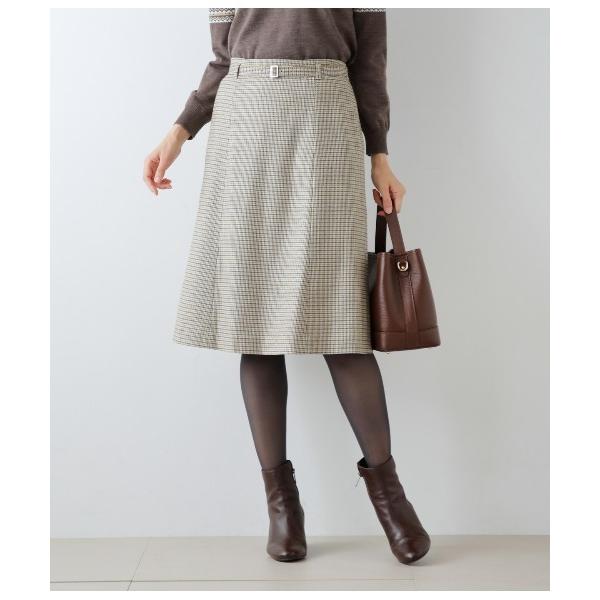 スカート カラードガンクラブチェック ベルト付きフレアスカート