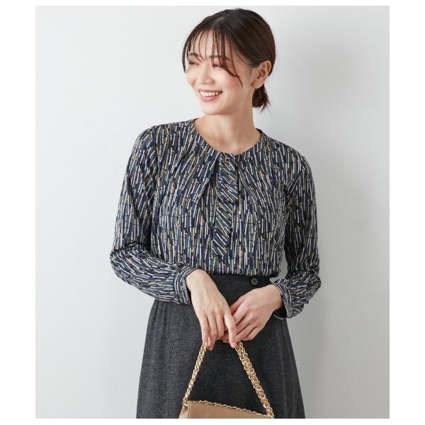 tシャツ ポリエステル強撚スムース ランダムレーンプリント ボウタイプルオーバー レディース