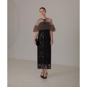 「Leja」 半袖ワンピース SMALL グレー レディース Leja ドレス 「LEJA」フリル半袖シアーレース花柄刺繍ウエスト