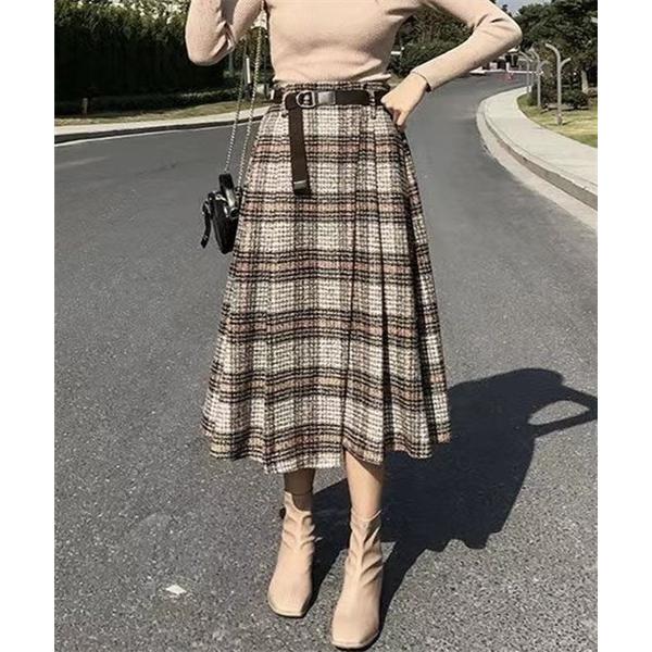 ロング スカート ラップ風チェックスカート　ベルト付き2点セット