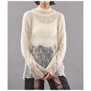 ニット セーター モヘア混 透かし編み ロング ニット レディース