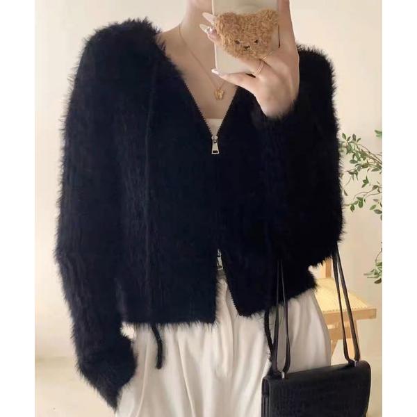 ニット セーター ABETTOR フード付きシャギーニットダブルジップパーカー クロップド丈 レディ...