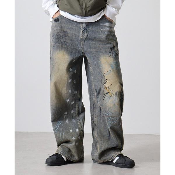 ジーンズ ABETTOR ハード加工ロゴペイントルーズストレート5ポケデニムパンツ メンズ レディー...