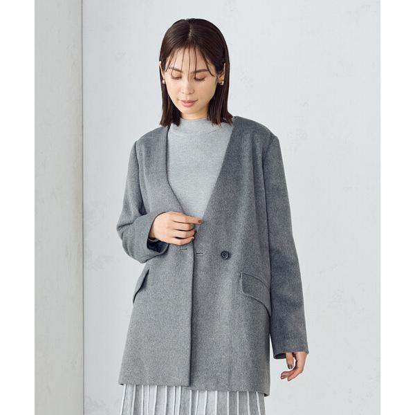 コート アウター ウール混　ビーバー　ノーカラーコート レディース