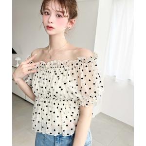ブラウス シャツ 半袖 フロッキードットチュール2WAYオフショルペプラムトップス レディース