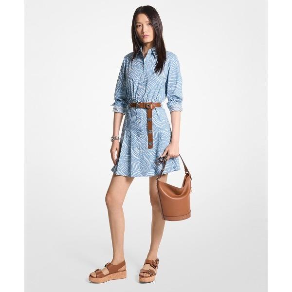 ワンピース ゼブラ プリント ストレッチ コットンポプリン シャツドレス