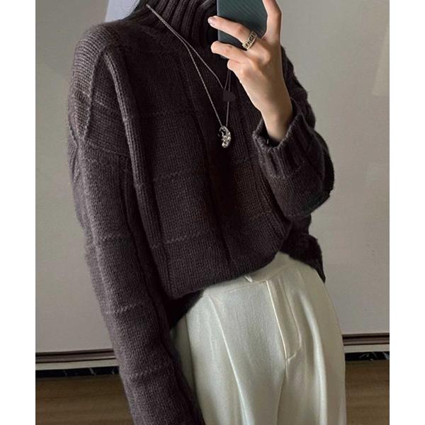 ニット セーター ハイネック市松ジャガードざっくりニットトップス レディース