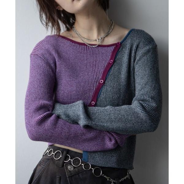 カーディガン アシンメトリーMIX配色リブニットカーディガン/新色追加 レディース