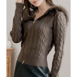 ニット セーター ファー付きパーカーニットトップス レディース