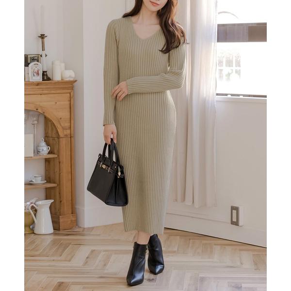 ワンピース 「骨格ストレートさんにおすすめ」 骨格別 ロング丈Vネックニットワンピース