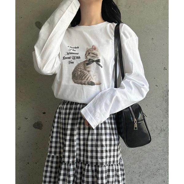 tシャツ ねこリボン英字プリントロングTシャツ レディース