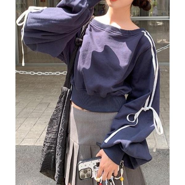 トレーナー スウェット サイドリボンラインワイドネックスウェットトレーナー レディース