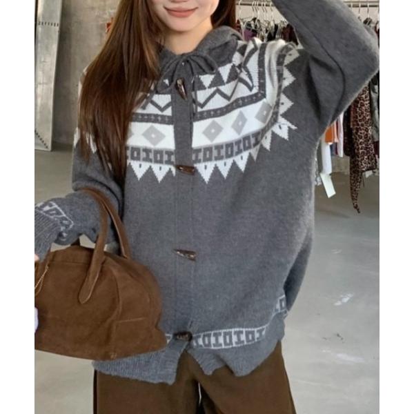 ニット セーター オルテガ柄ニットパーカー レディース