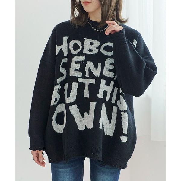 ニット セーター 「Fizz/フィズ」　ダメージ加工　英字ジャカードニット レディース