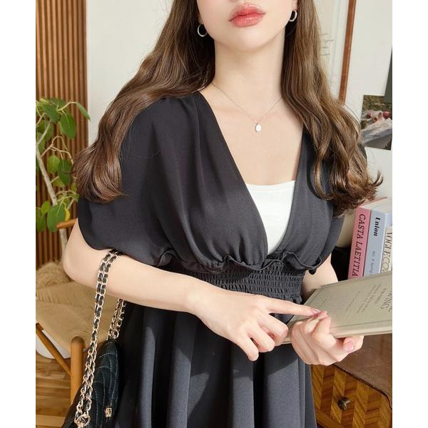 ブラウス シャツ バックリボンウエストシャーリングノースリーブペプラムトップス レディース