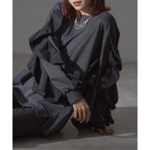 tシャツ フラワーフリルスリーブミディプルオーバー レディース