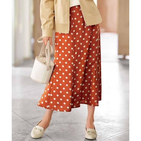 スカート 麻混素材ドット柄フレアースカート