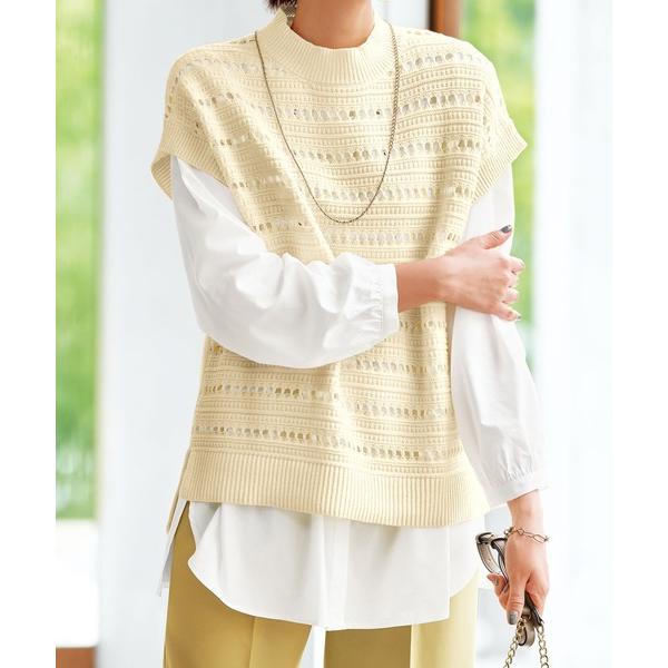ニット セーター 透かし編ハイネックゆったりニットベスト レディース