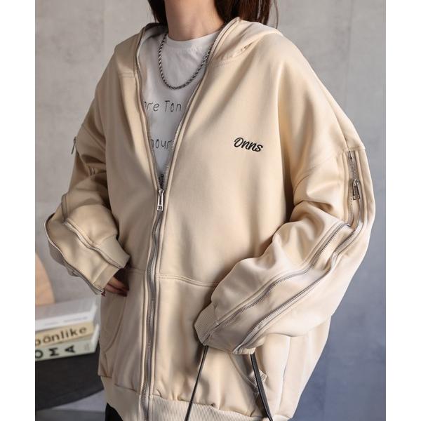 パーカー 「ユニセックス」胸元刺繍/ロゴ入り ジップアップスリーブフーディー/パーカー/裏起毛 レデ...