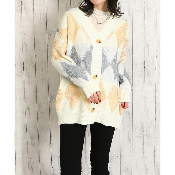 カーディガン 「アーガイル柄×ざっくり編み」レディース ニットカーディガン ルーズシルエット 秋冬 ...