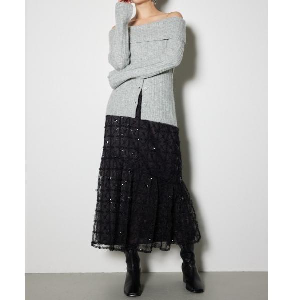 スカート スパンコールチュールセミマーメイドスカート