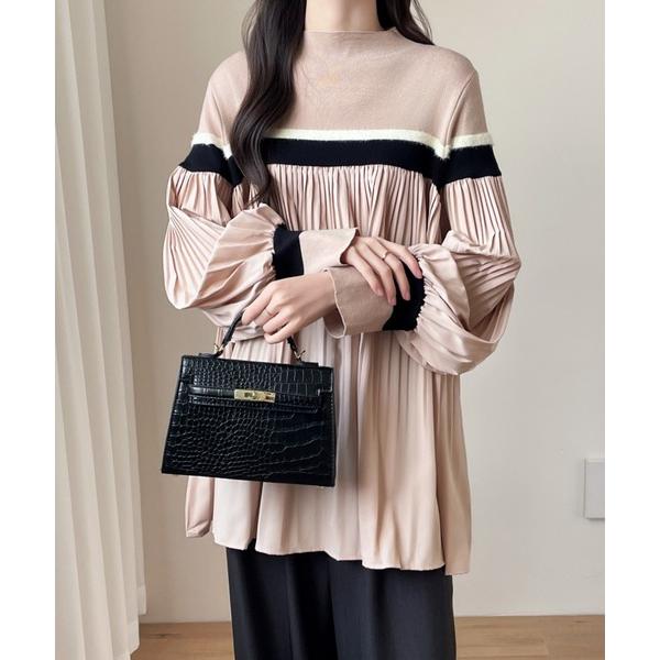 ニット セーター ソフトプリーツ切替配色ラインニットプルオーバー レディース