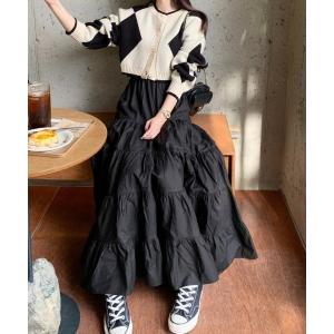 スカート Aラインボリュウームティアードマキシスカート