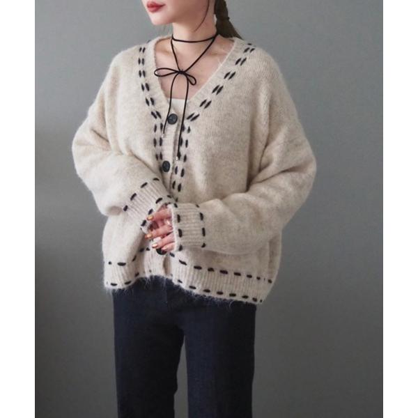 カーディガン bicolor stitch cardigan /Vネックバイカラーステッチニットカー...