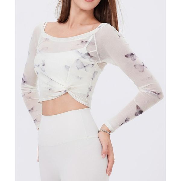 レディース 長袖バタフライ柄シースルークロップドヨガウェアトップス ピラティス レディース