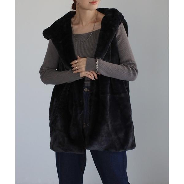 ベスト ジレ フード付きフェイクファーベスト レディース