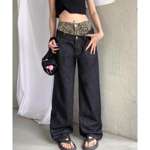 ワイドパンツ ジーンズ デニム デニムパンツ 「CANVAS+」レオパード柄ダブルウエストデニムワイドパンツ レディース