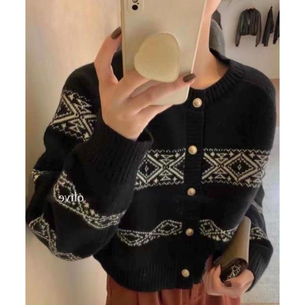 カーディガン ノルディック柄ボーダー丸首カーディガン レディース