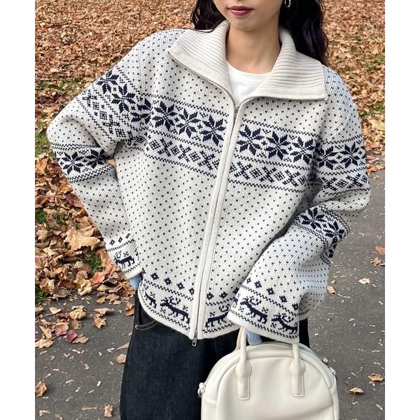 カーディガン ノルディック柄ジップニットカーデ レディース
