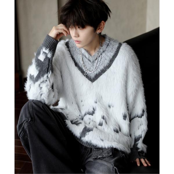 セーター ニット 「neos」ルーズシルエット Vネック ライン シャギー グラデーション ニット ...