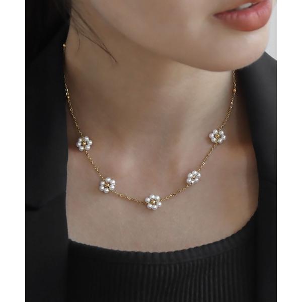 ネックレス 入学式 卒業式 金属アレルギー対応 フラワーパールネックレス レディース