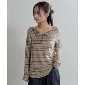 tシャツ ムードオフショルダーボタンストライプルーズフィットカットソー レディース メンズ